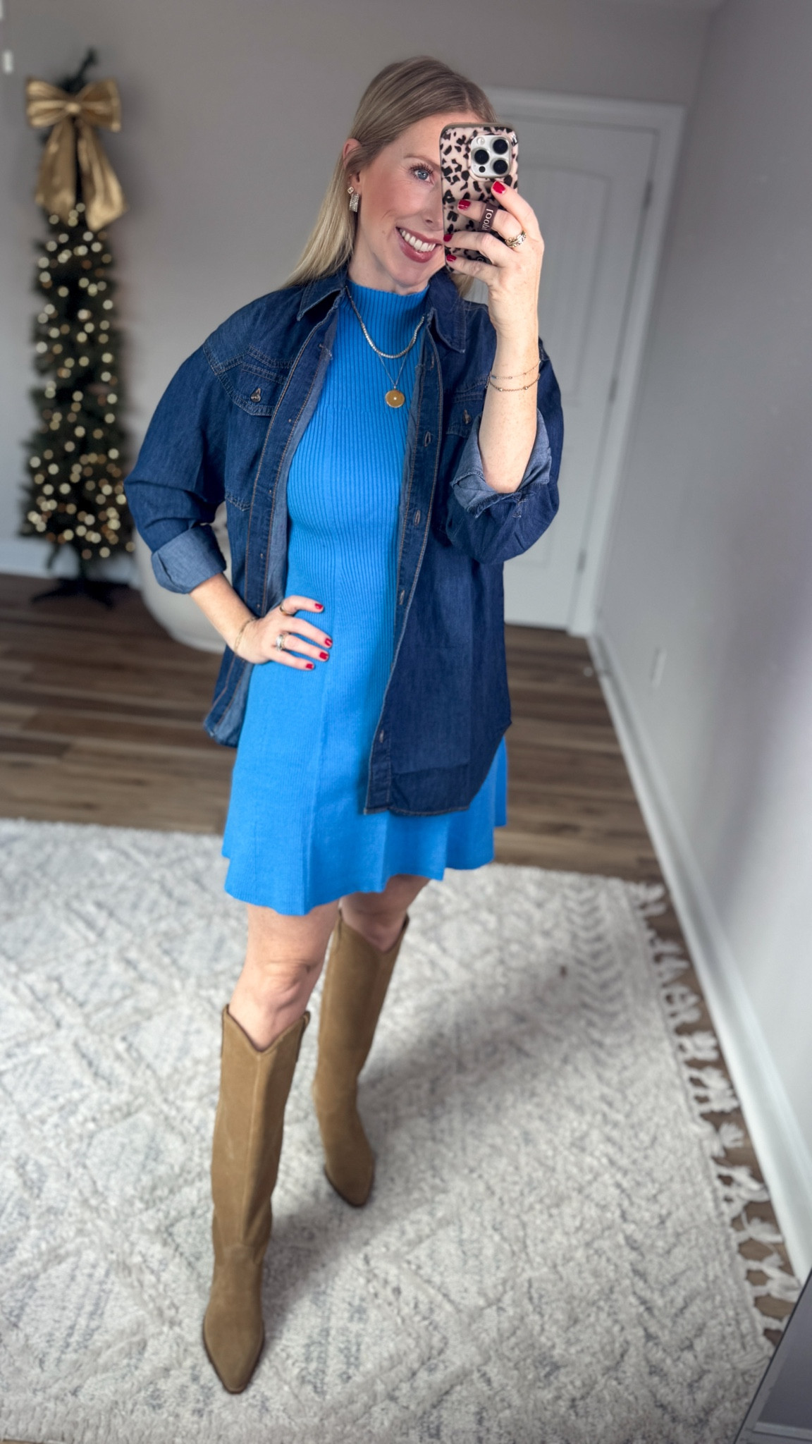 Daily try on, Walmart outfit, Walmart fashion, Walmart try on, blue ribbed sweater dress, oversized denim shirt 

#LTKFindsUnder50 #LTKootd