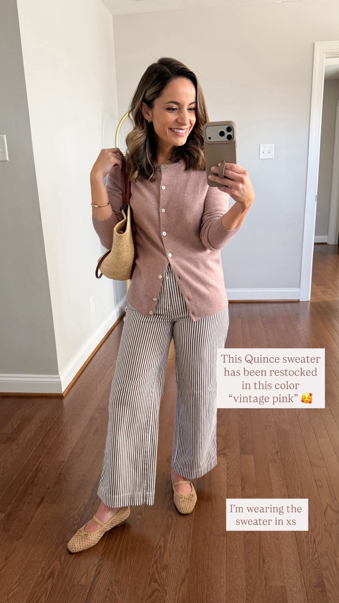 Restock of vintage pink in the Quince cashmere cardigan! 

Cardigan: xs 
Pants: petite 00 
Shoes: true to size 

#LTKPetite