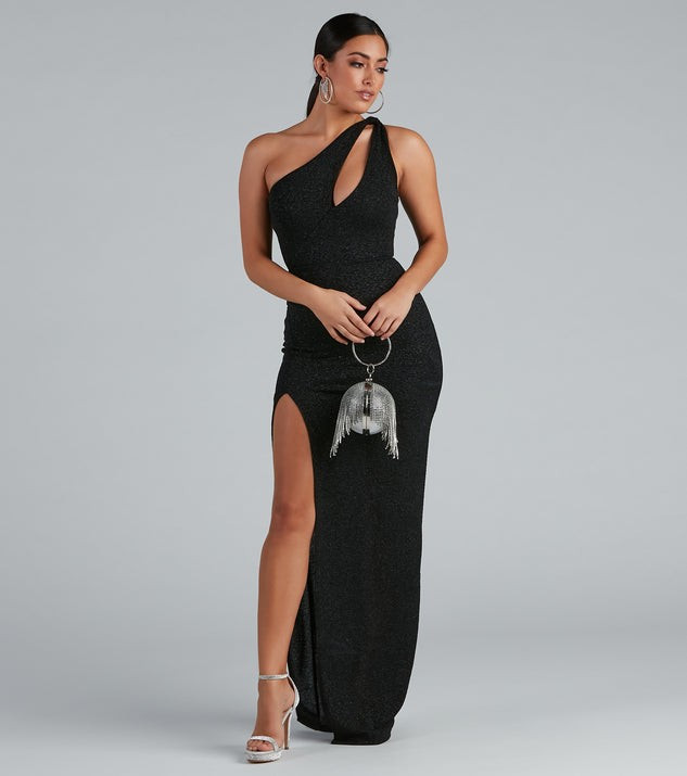 Evette Glitter One-Shoulder Slit Formal Dress | Windsor Stores