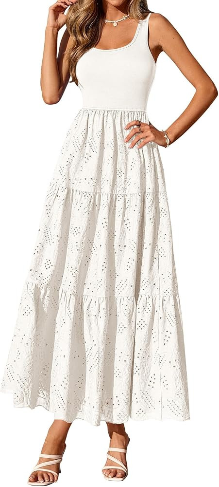 BTFBM Women Summer Eyelet Midi Dresses Casual Spring 2026 Sleeveless A Line Flowy Vacation Beach ... | Amazon (US)