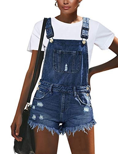 luvamia Women's Ripped Short Overalls Adjustable Stretchy Denim Overall Shorts Romper Womens Shorts Overall Romper Denim Rompers Women Short Rompers And Jumpsuits For Womencobalt Night Blue Size Large | Amazon (US)