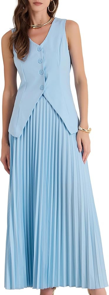 Allegra K Women's 2 Piece Summer Outfits V Neck Sleeveless Button Vest Maxi Pleated Skirts Set | Amazon (US)