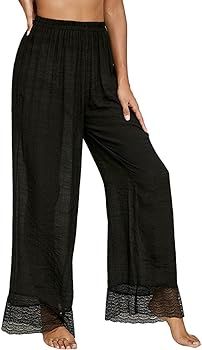 RUEWEY Women Cotton Linen See Through Cover up Pants Bikini Bottom Wide Leg Palazzo Pajamas Trous... | Amazon (US)