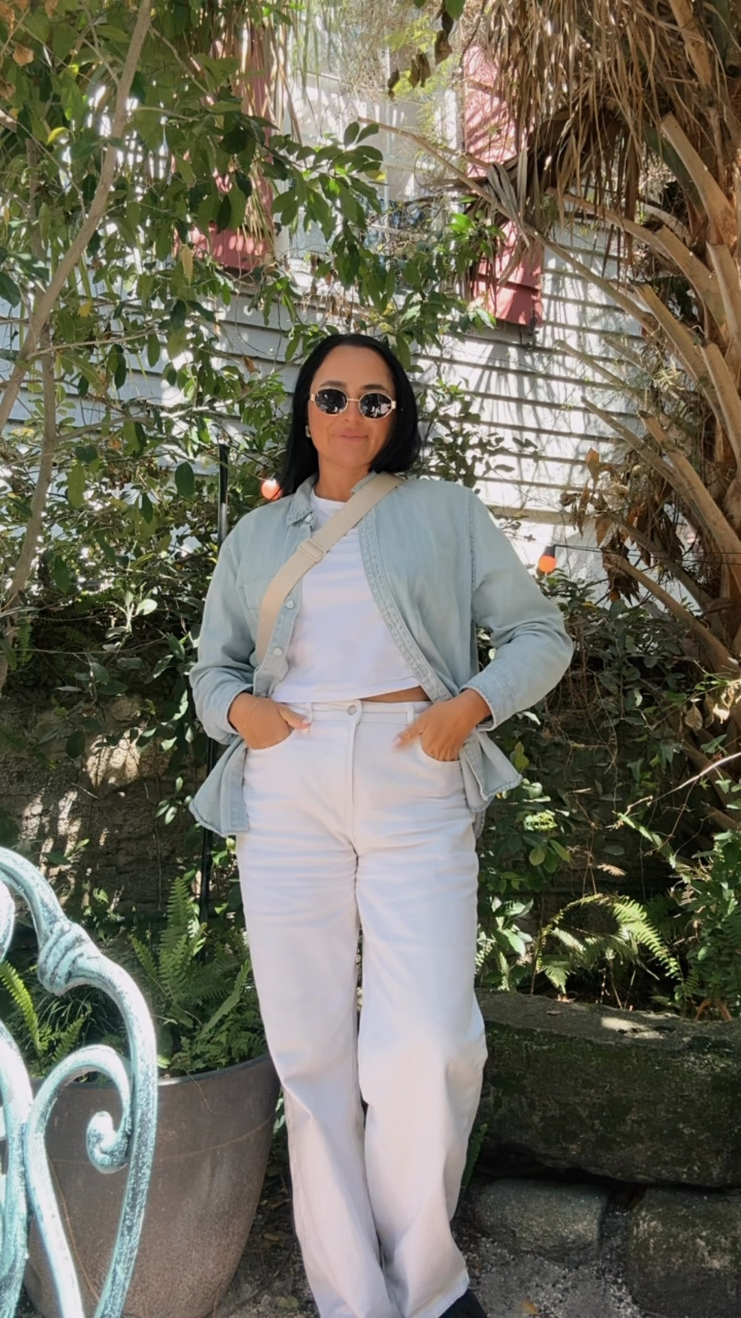 We’re out walking the streets of Saint Augustine today on vacation and here’s my fit check everything fits true to size. White denim pants size 30.
Denim sweater or button is a large and my white T-shirt from Targett