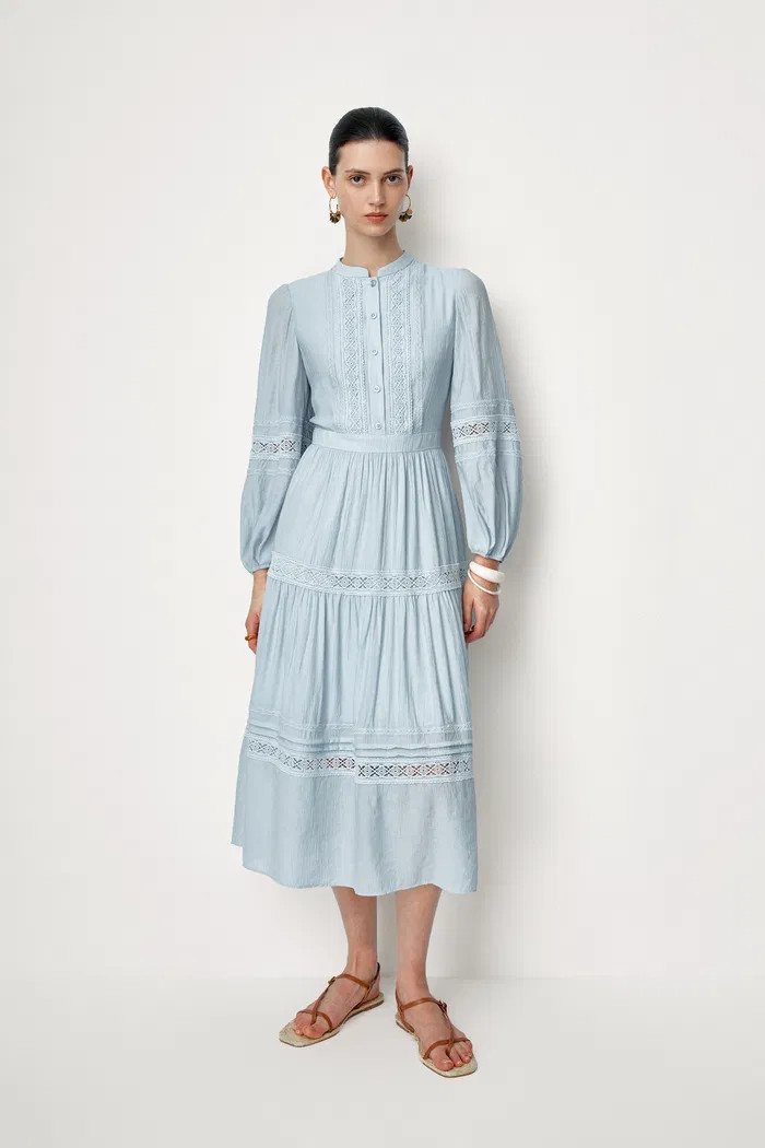 Eloise Cutwork Embroidery Long Puff Sleeve Dress in Fine-Pleated Visco | Fabrique