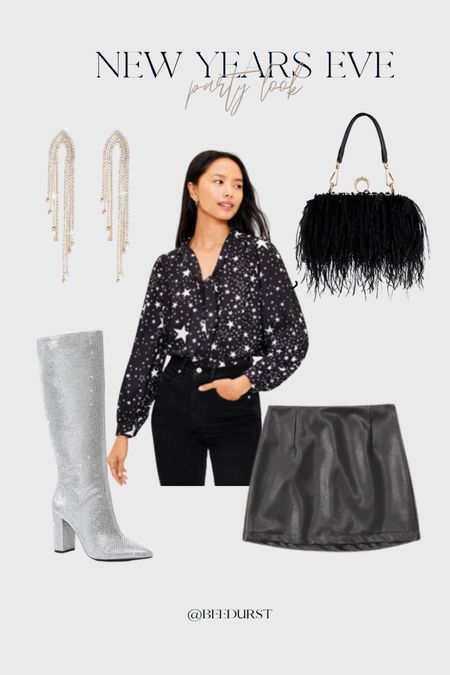 New Years Eve outfit, faux leather mini skirt, sparkly boots, earrings, button up black top, fringe purse 

#LTKstyletip #LTKHoliday #LTKSeasonal