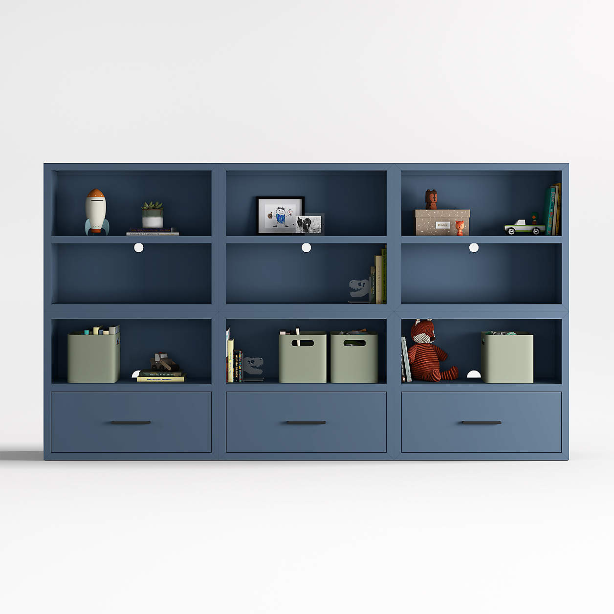 Ever Simple 108" Set of 3 Modular Slate Blue Wood Kids Open Bookcases with Drawers + Reviews | Cr... | Crate & Barrel