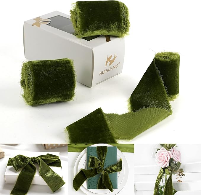 Amazon.com: HUIHUANG 3 Rolls Frayed Silk Velvet Ribbon Sage Green Fringe Ribbon Raw Edge Rustic W... | Amazon (US)