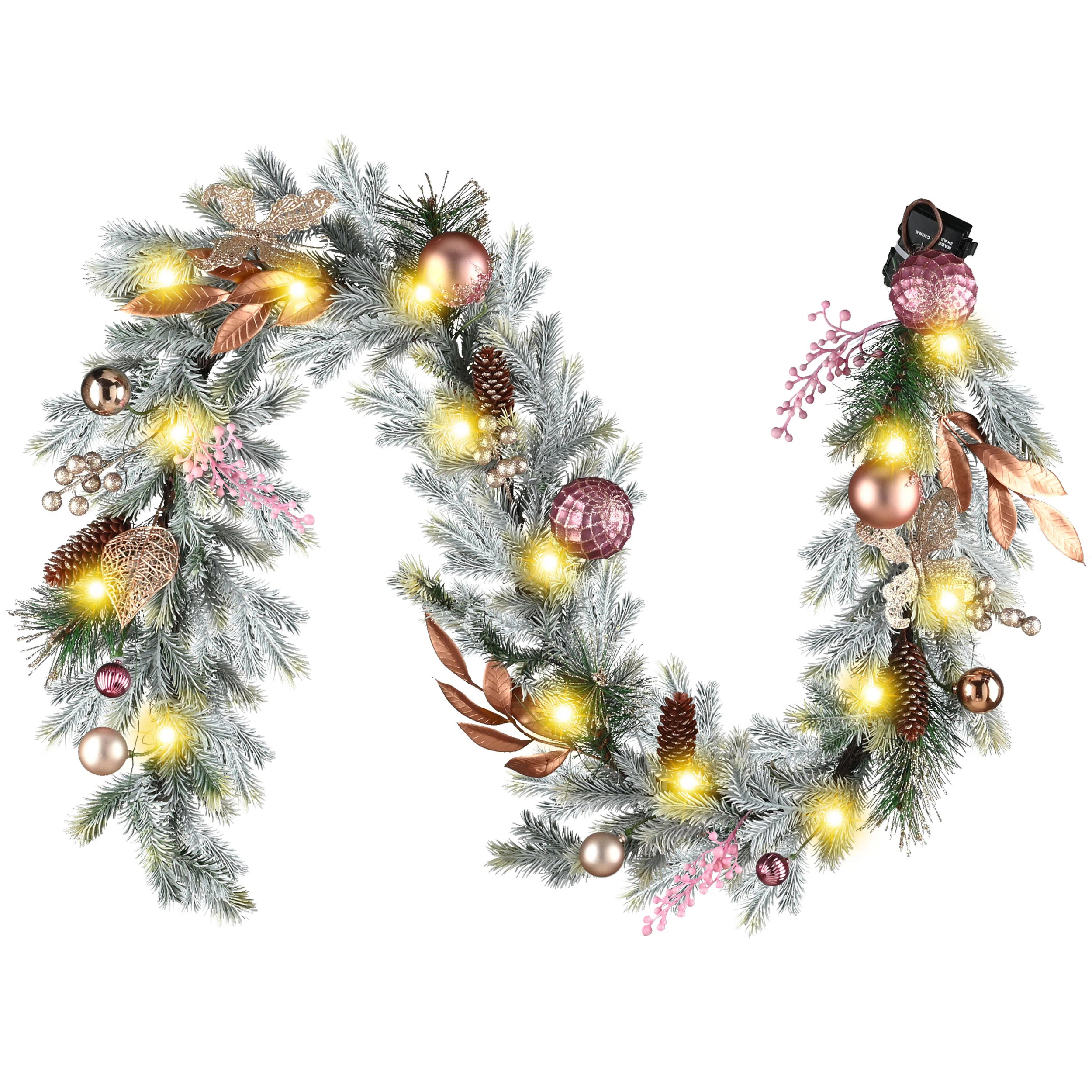 Kamrudeen Lighted Pink and Gold Christmas Balls and Pinecorn Pre-decorated Christmas pine Garland | Wayfair North America
