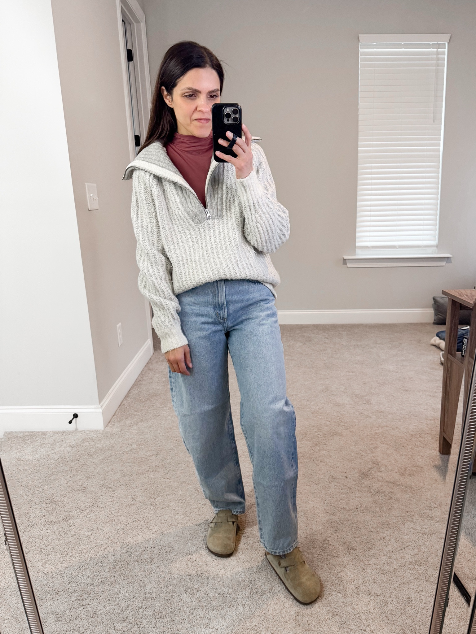 Casual #ootd 
Everlane zip sweater 
Turtleneck bodysuit - tts
Balloon jeans - I sized down
Birkenstocks 

#LTKStyleTip