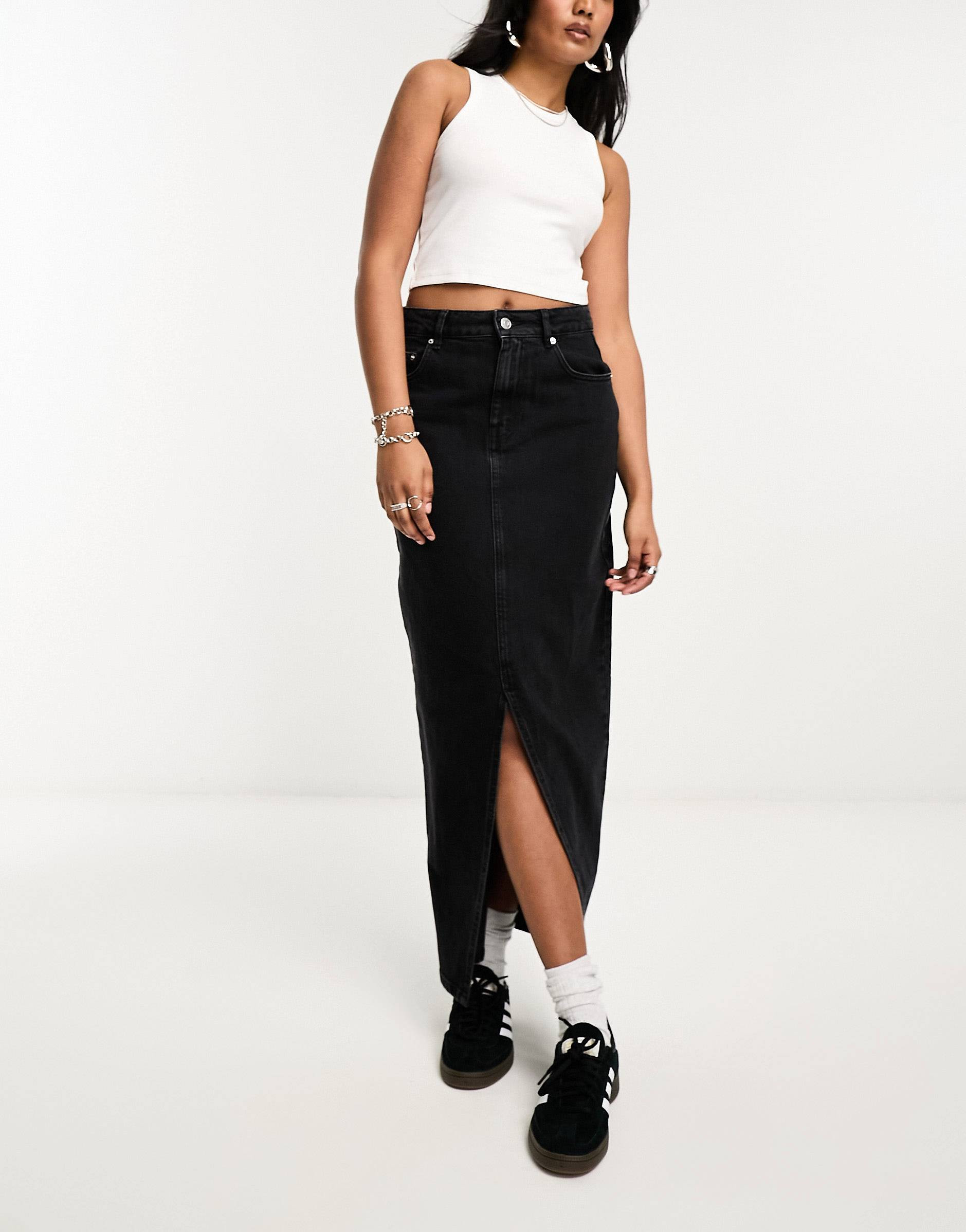 ASOS DESIGN denim midi skirt with split hem in washed black | ASOS (Global)
