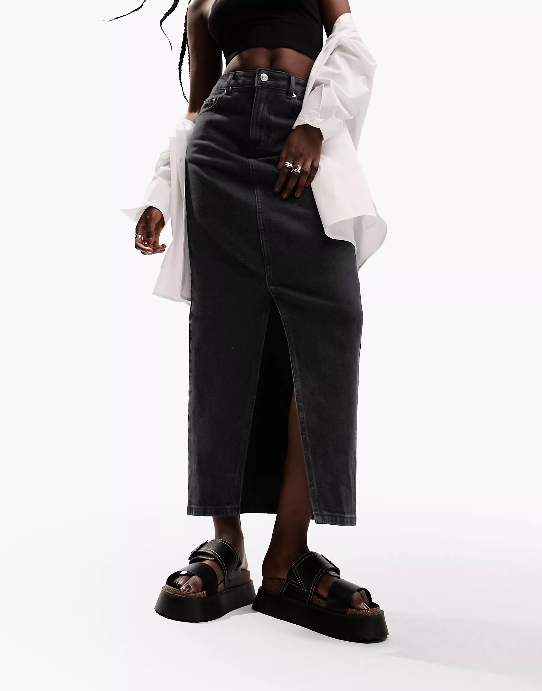 ASOS DESIGN denim midi skirt with split hem in washed black | ASOS (Global)