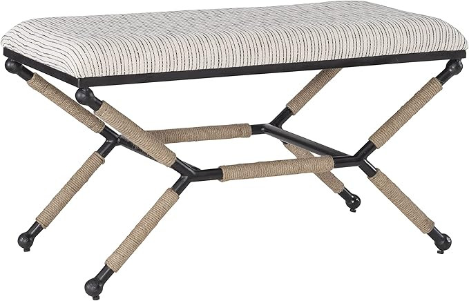 Linon Upholstered Seat Farrow Metal Campaign Bench, Black/White Striped | Amazon (US)