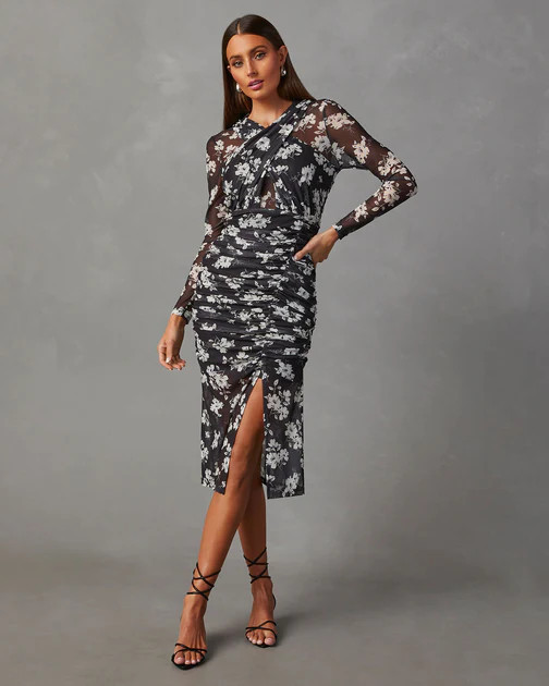 Coleen Mesh Floral Midi Dress - Black/Cream | VICI
