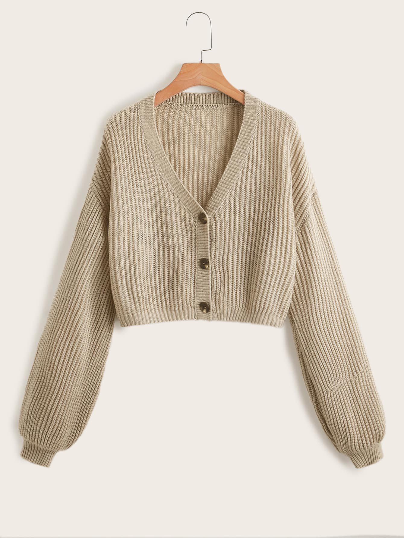 SHEIN EZwear Lantern Sleeve Button Front Rib Knit Cardigan | SHEIN
