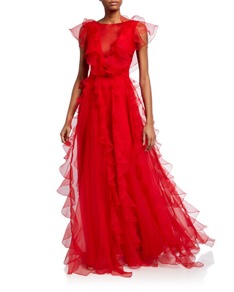 flor et.al Colima Organza Cap-Sleeve Ruffle Gown | Neiman Marcus
