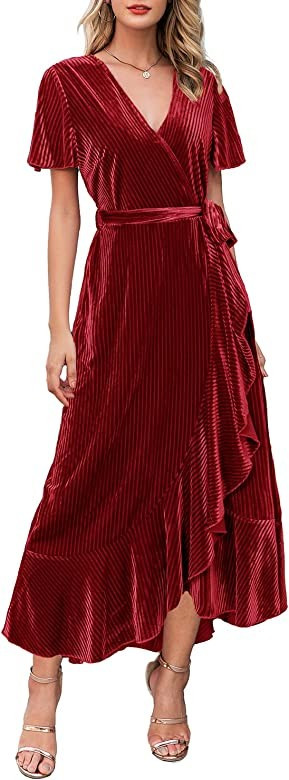 Miessial Women's Summer Chiffon V Neck Ruffle Maxi Dress Polka Dot Long Beach Wrap Dress | Amazon (US)
