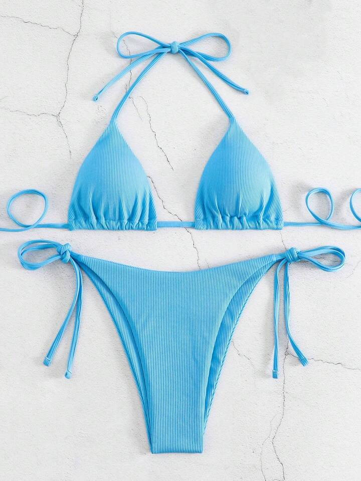 SHEIN Swim Summer Beach Halter Triangle Tie Side Bikini Set | SHEIN