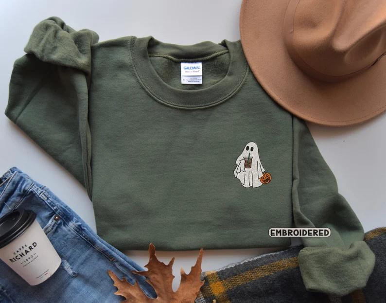 Embroidered Ghost Sweatshirt, Embroidered Fall Sweatshirt, Ghost With Coffee Sweatshirt, Hallowee... | Etsy (US)