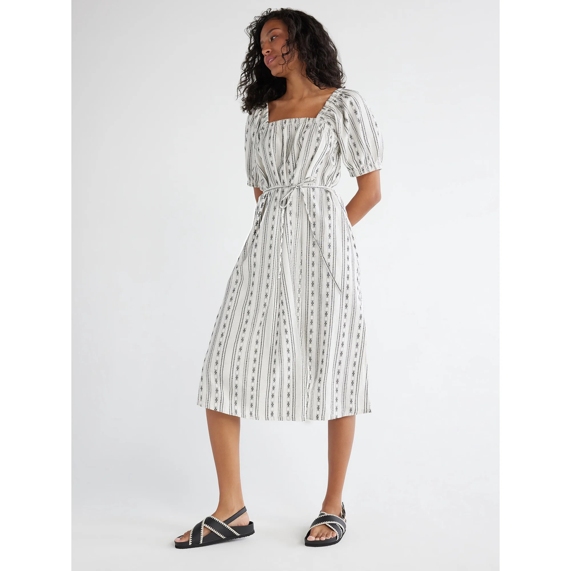 Time and Tru Women's and Women's Plus Square Neck Midi Dress with Belt XS-4X | Walmart (US)