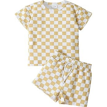 FRLOONY Toddler Baby Boy Clothes Kids Summer Outfits Checkerboard Plaids Short Sleeve T-Shirt Top... | Amazon (US)