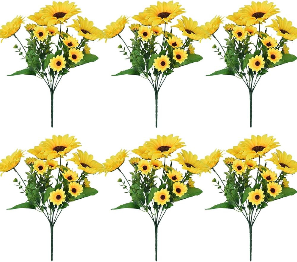 6 Pack Artificial Sunflowers with Stems for Indoor Outdoor 12 inch Fake Silk Sunflower with 13 Su... | Amazon (US)