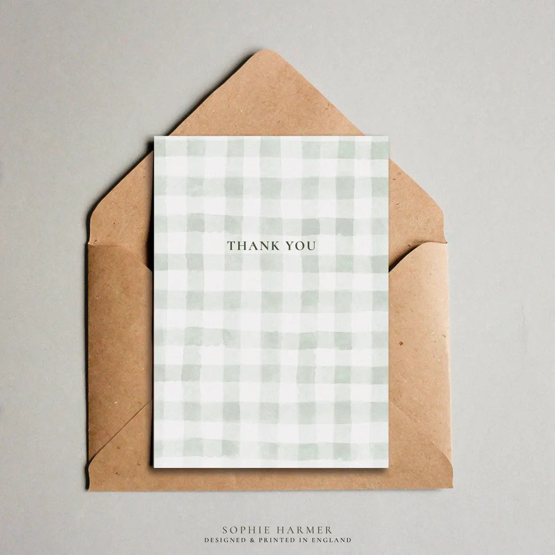 A6 THANK YOU CARD, Green Water Colour Gingham Background - Etsy UK | Etsy (US)