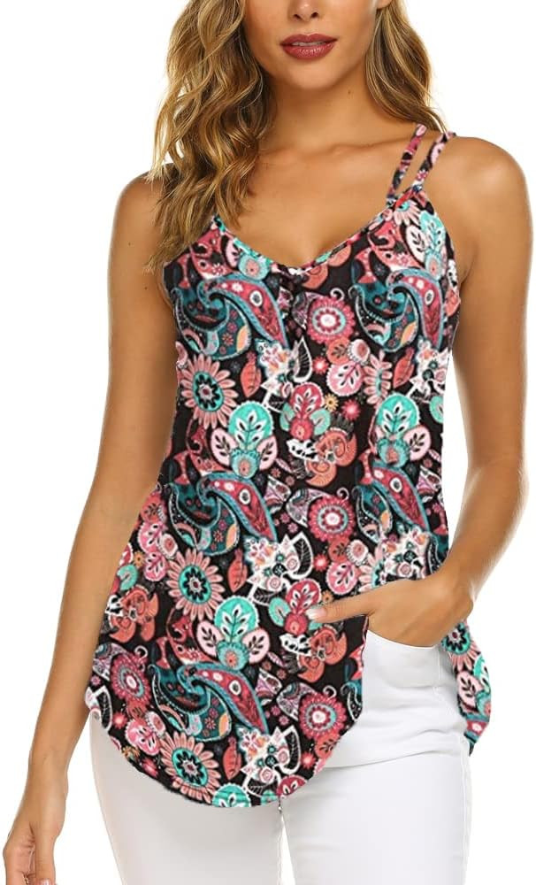 OURS Women's Casual Floral Print Double Spaghetti Strap Tunic Tops Summer V Neck Paisley Sleeveless  | Amazon (US)
