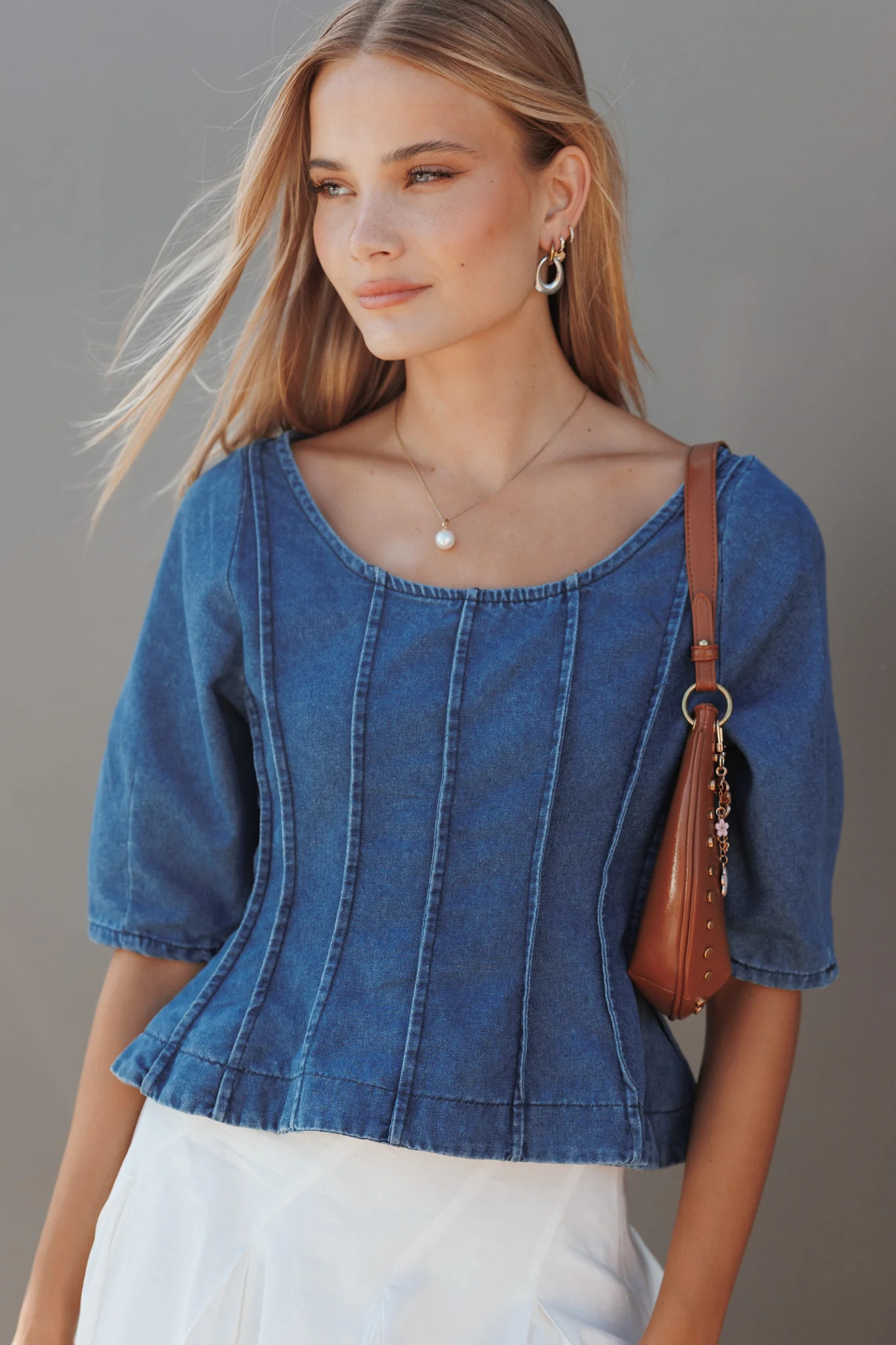Saylor Denim Peplum Top - Blue Medium Wash | Petal & Pup (US)