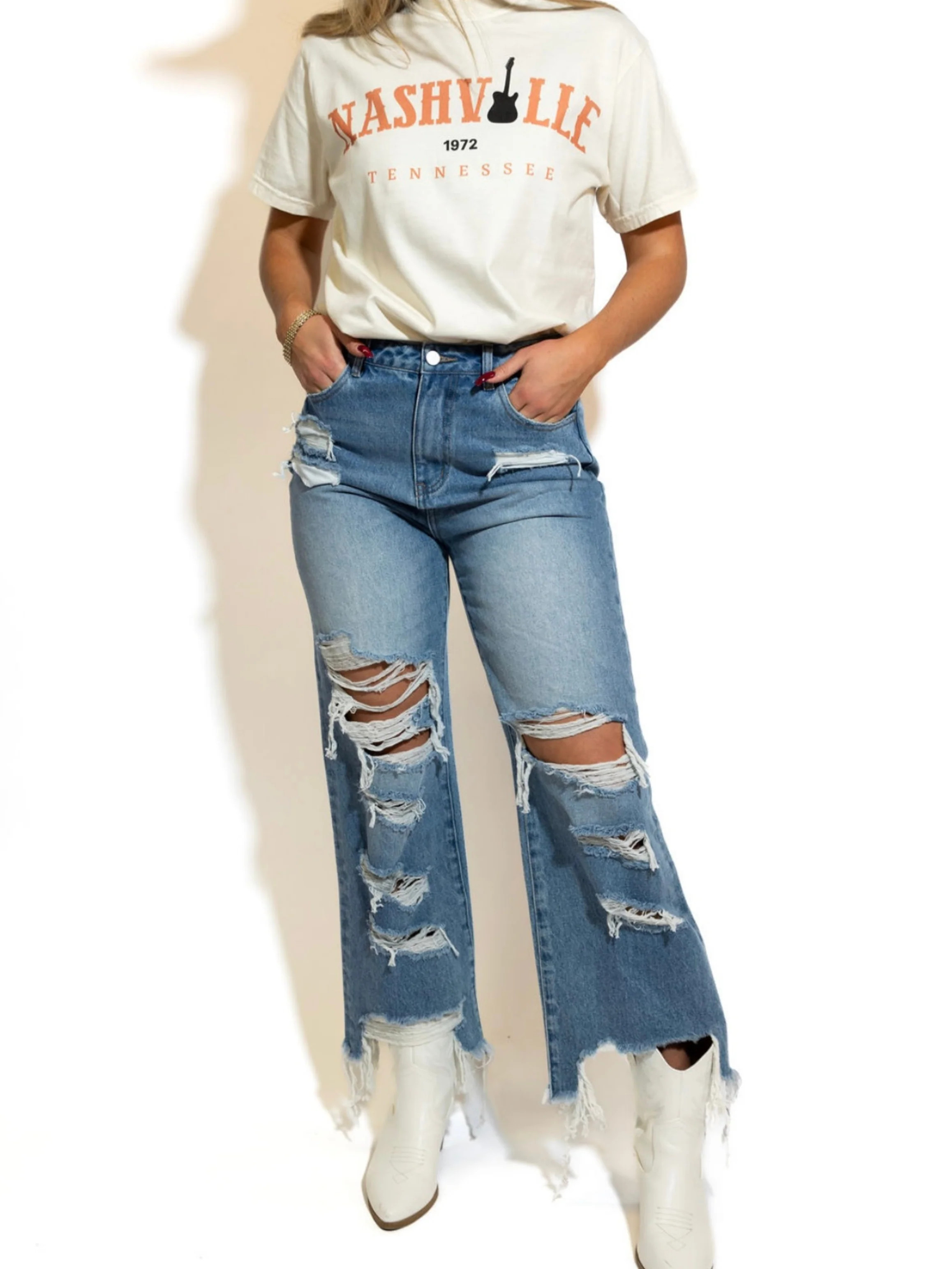 Wild and Free Wide leg Distressed Jeans | Willow Boutique