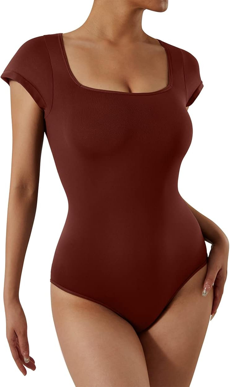 SUUKSESS Women Cap Sleeve Square Neck Bodysuit Seamless Short Sleeve Tops | Amazon (US)