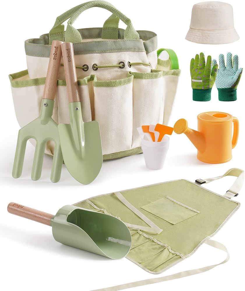 ROBUD Kid Gardening Set, Wooden Garden Tool for Kid, Garden Tool Kit with Tool Storage Bag, Apron... | Amazon (US)