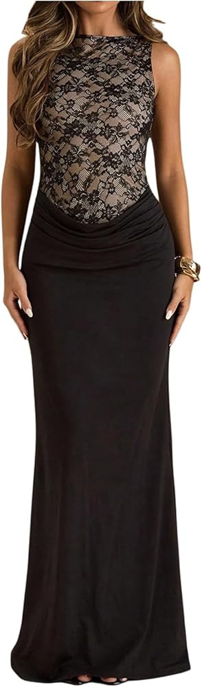 Floerns Women's Elegant Mesh Sleeveless Maxi Dress Ruched Bodycon Evening Wedding Guest Dresses | Amazon (US)
