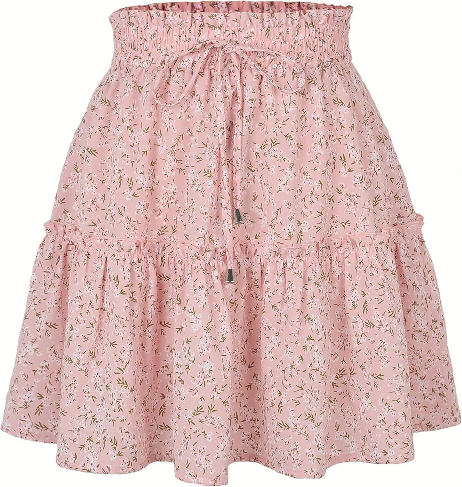 Mingnos Women's Cute Layered Ruffle Floral Printed High Waisted A-line Mini Skirt with Drawstring... | Amazon (US)