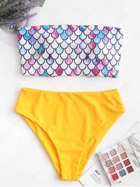 ZAFUL Scale Print Cross Bandeau Mermaid Bikini Swimsuit   BRIGHT YELLOW | Zaful UK