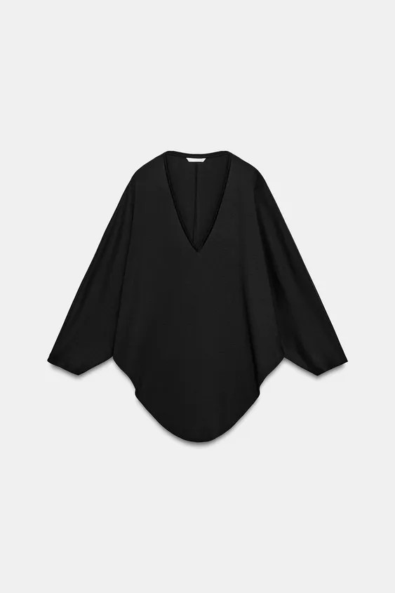 REGULAR FIT - V-NECK - ASYMMETRICAL HEM - LONG SLEEVESCape-style t-shirt made of 100% Supima\u00a... | Zara US