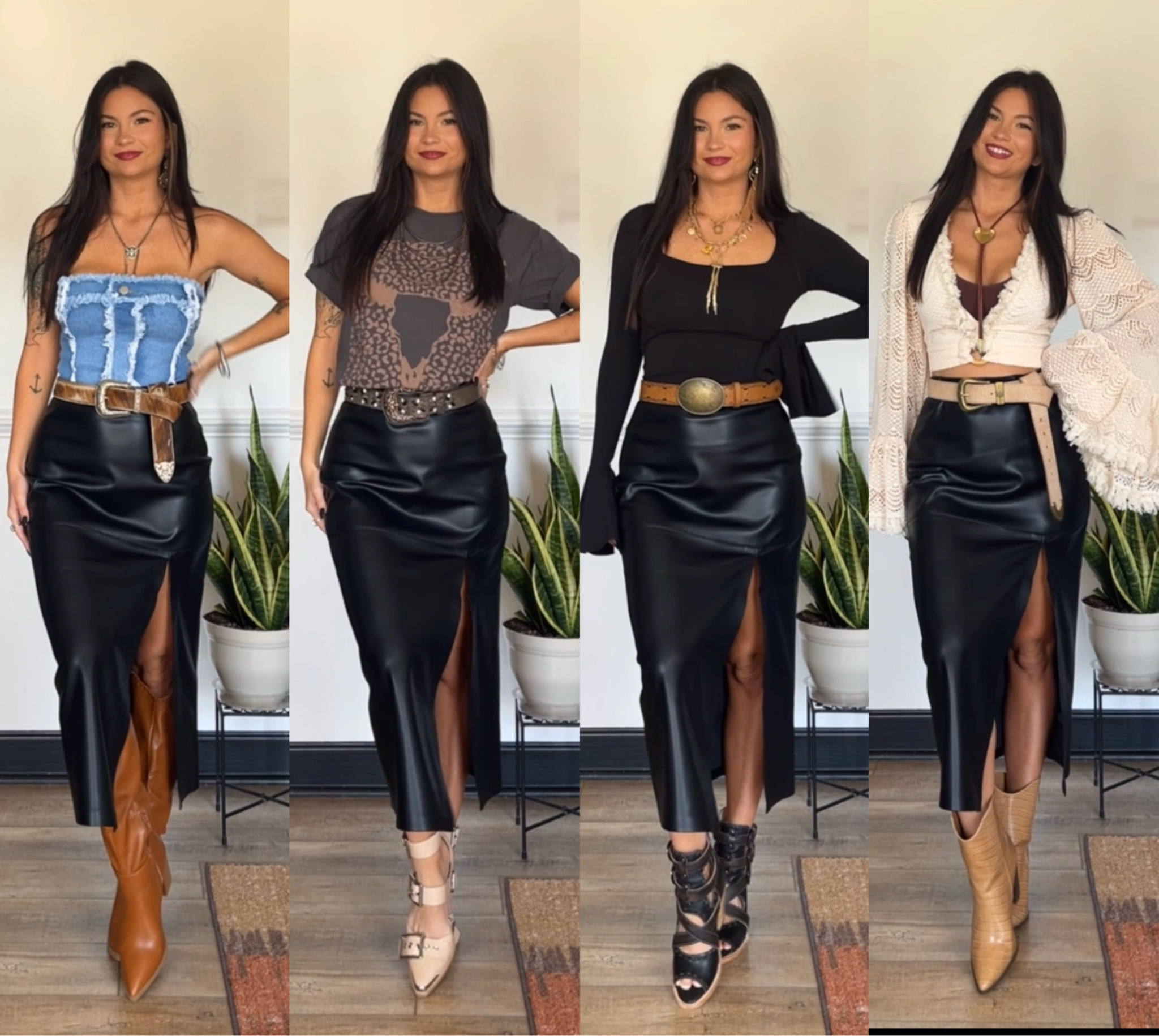 Leather midi skirt with slit styled with multiple tops & shoes 🫶🏻 wearing xs in skirt! There is some stretch to it. Code LORI20 to save on denim top & graphic tee! Code LORI to save on black long sleeve top & camel boots

Bolo - November Maker
Rose gold necklace & cow print belt - thrifted 
Gold jewelry- Highway Hippie code lori10 to save
Rose gold buckle belt- Country Outfitters 
Tan belt - Ross find 