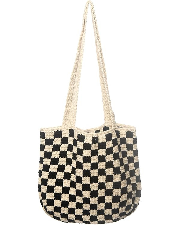 Handmade Checkered Pattern Crochet Tote Bag, Aesthetic Hobo Shoulder Crochet Beach Bag | Amazon (US)