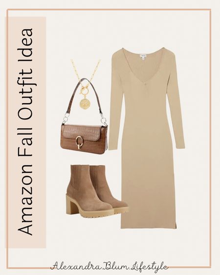 Midi sweater dress in beige!! Platform combat booties and boots, brown handbag, and gold coin necklace!! Amazon fall outfit idea!! Amazon fashion finds! Fall fashion! More fall outfits on my page! 

#LTKunder100 #LTKitbag #LTKshoecrush