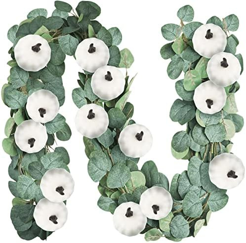 Farmhouse Fall Decor, 18 Pcs White Artificial Pumpkins and 6.5ft Artificial Eucalyptus Garland Farmh | Amazon (US)