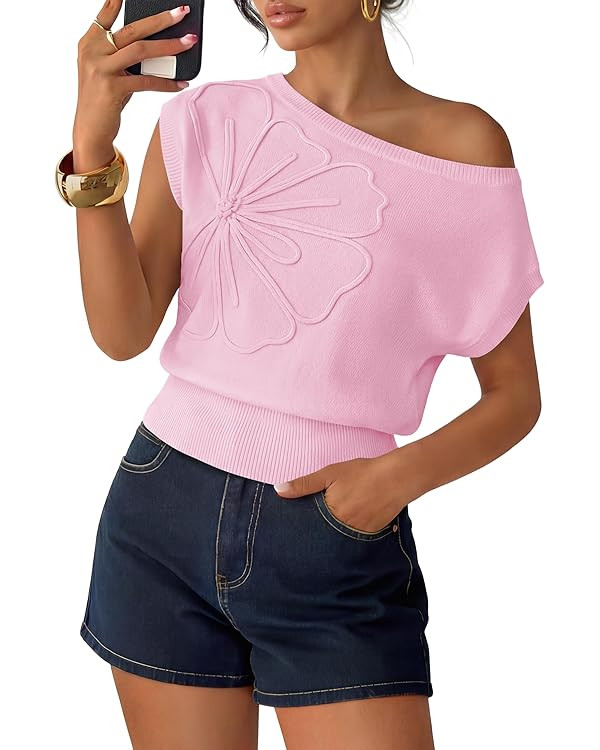 ZESICA Women's Summer Off Shoulder Floral Sweaters 2026 Cap Sleeve Loose Knit Cute Pullover Tops ... | Amazon (US)