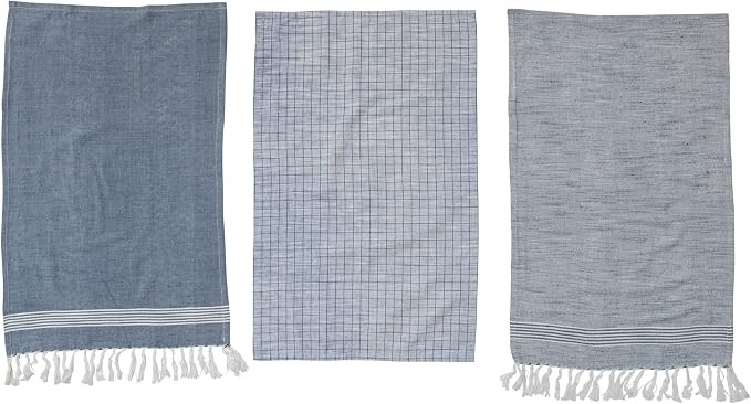 Creative Co-Op Cotton Blend Patterns and Fringe, Set of 3 Styles, Blue and White Tea Towel | Amazon (US)