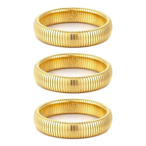 JUNYANGY Gold Bangles for Women Set of 3 Chunky Stretch Bangles Bracelets 24K Gold Plated Stainless Steel Bracelets Flexible Wide Stack Bracelets Designer Look Alike Jewelry for Women (12mm Gold) | Amazon (US)