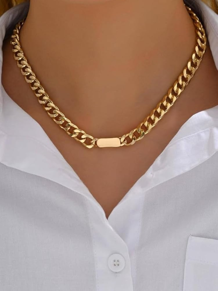 Amazon.com: Golden Chunky Choker Necklace Cuban Link Necklace Stainless Steel Chain for Women Tre... | Amazon (US)