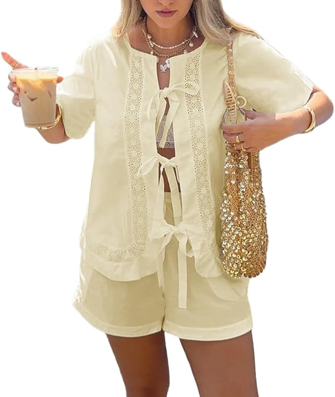 Womens Summer Pajama Sets 2 Piece Outfits Short Sleeve Tie Front Top and Shorts Cotton Lounge Set | Amazon (US)