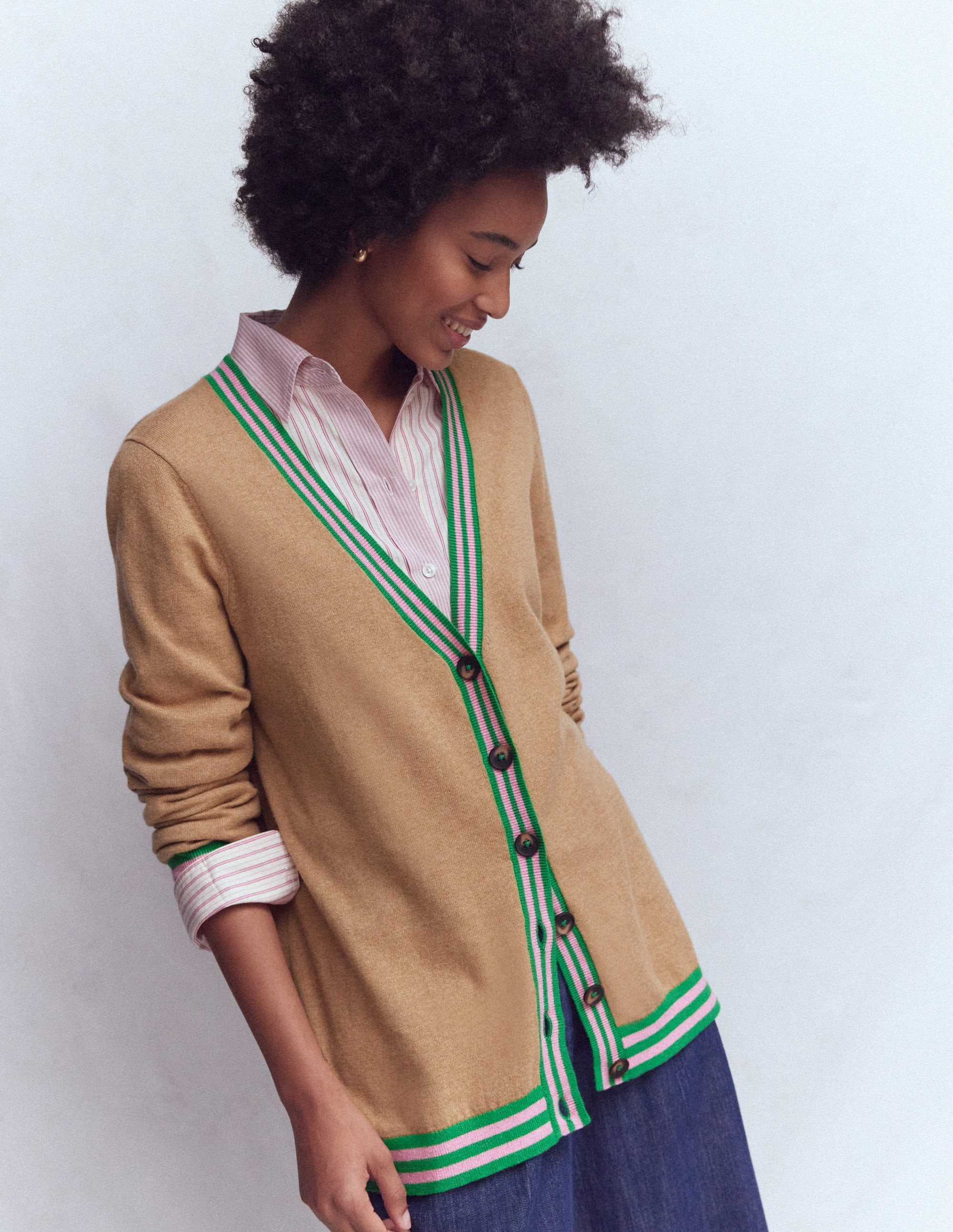 V Neck Longline Cardigan-Camel Melange | Boden (US)