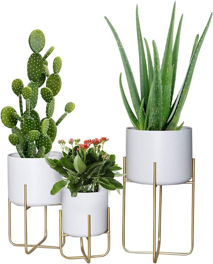 Floor Standing Planters with Metal Stand Pack of 3, White Plant Pot with Gold Metal Stand, Matche... | Amazon (US)