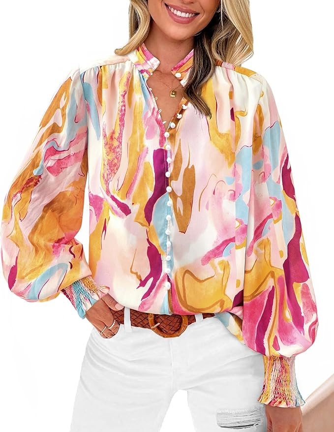 BTFBM Spring Fashion 2025 Button Down Long Sleeve Blouses for Women Dressy Casual V Neck Loose Pr... | Amazon (US)