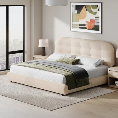Boucle Upholstered Platform Bed with Headboard, Cloud Bed Frame, Soft Rounded Corners | Wayfair North America