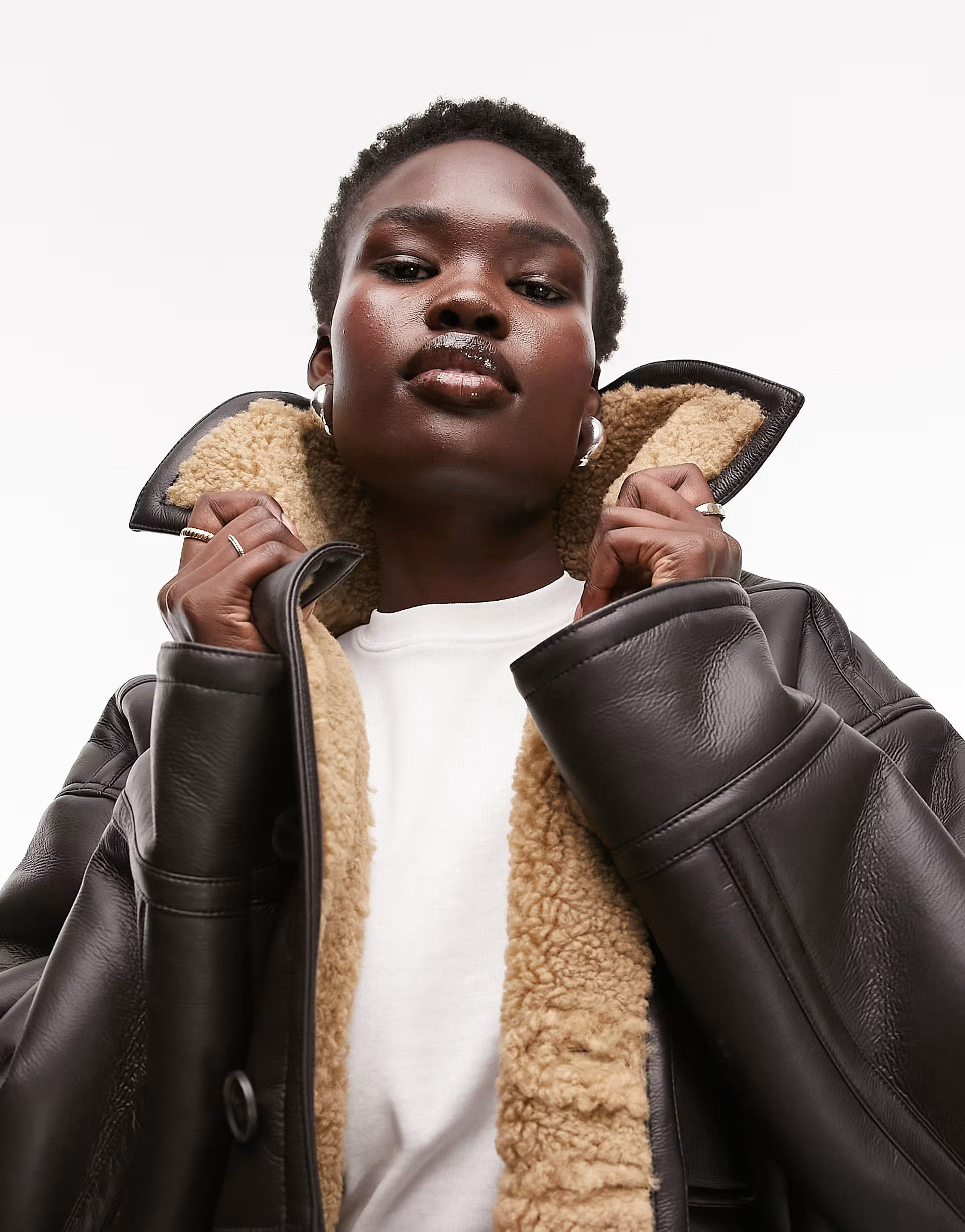 Topshop Tall faux leather shearling oversized car coat with borg lining in brown | ASOS (Global)